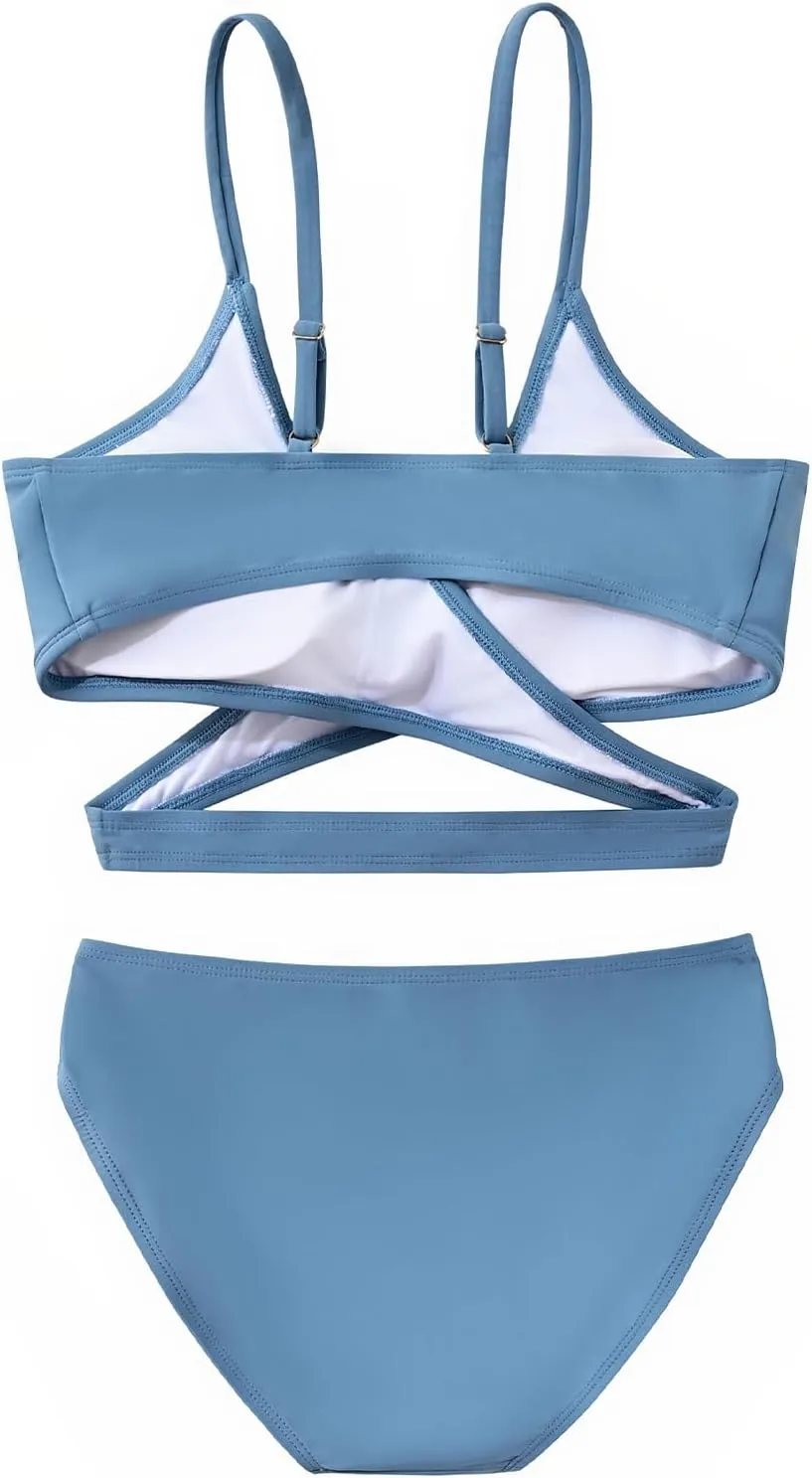 karrack Teen Girls' Swimsuits Two-Piece V-Neck Bikini Adjustable Shoulder Straps Swimsuit Kids Bikini Set