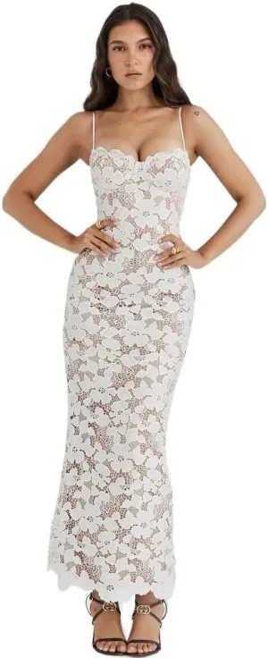 Lace Overlay Bodycon Dress, White, Spaghetti Straps, Midi Length