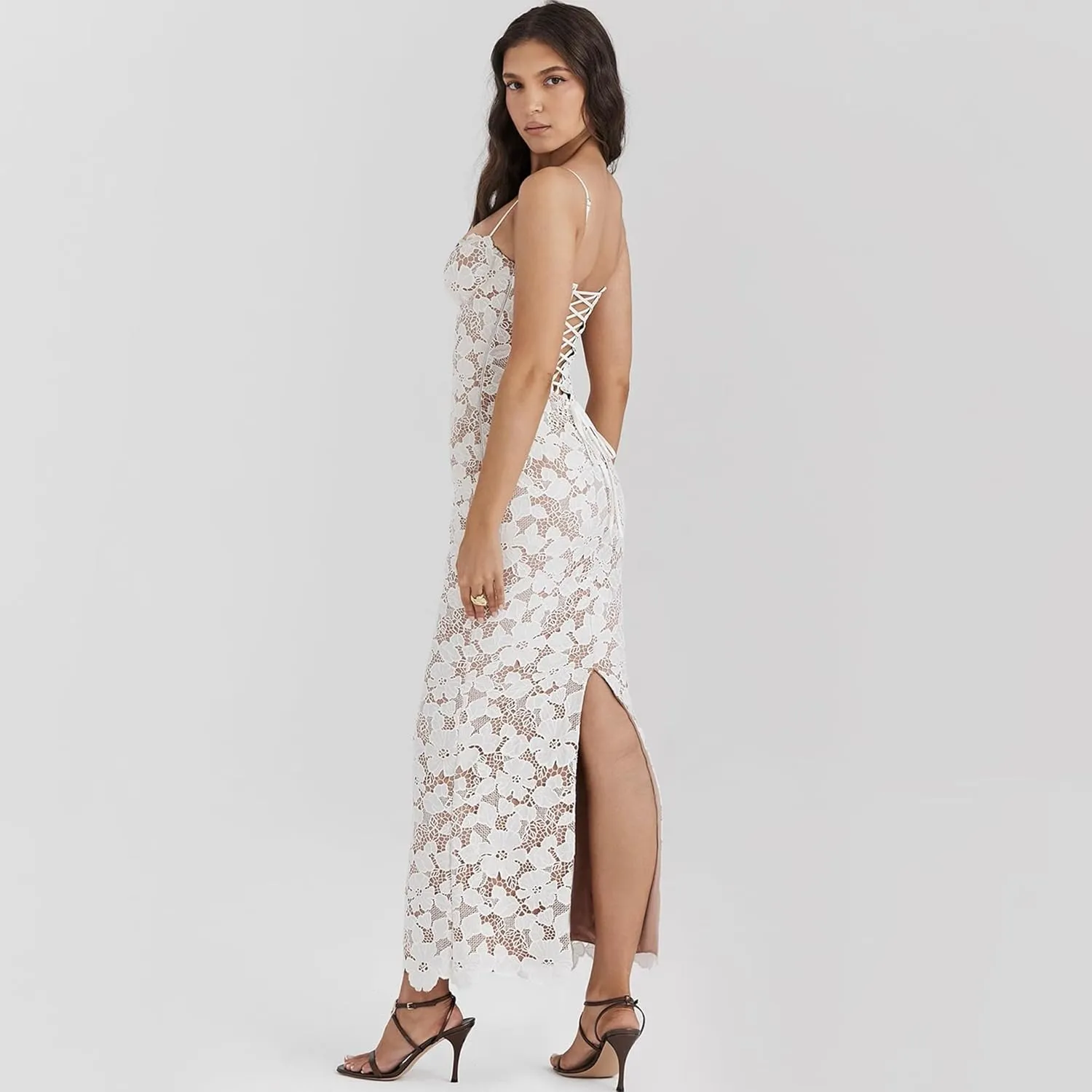 Lace Overlay Bodycon Dress, White, Spaghetti Straps, Midi Length