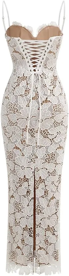 Lace Overlay Bodycon Dress, White, Spaghetti Straps, Midi Length
