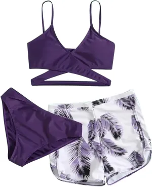 Leaf 3 Piece Bikini Sets with Swimming Shorts Criss Cross Spaghetti Strap Swimsuits High Waist Cut Out Swimwear