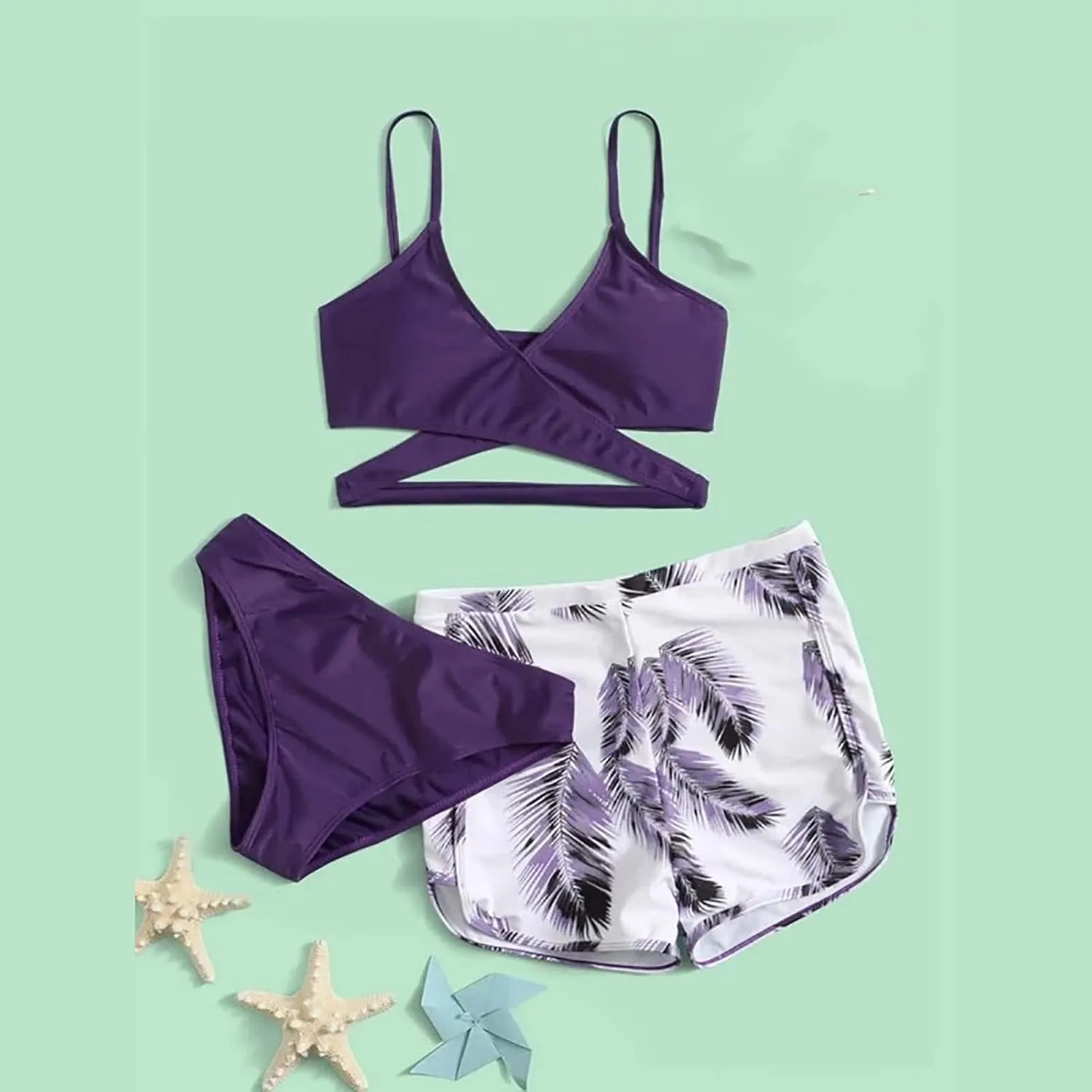 Leaf 3 Piece Bikini Sets with Swimming Shorts Criss Cross Spaghetti Strap Swimsuits High Waist Cut Out Swimwear