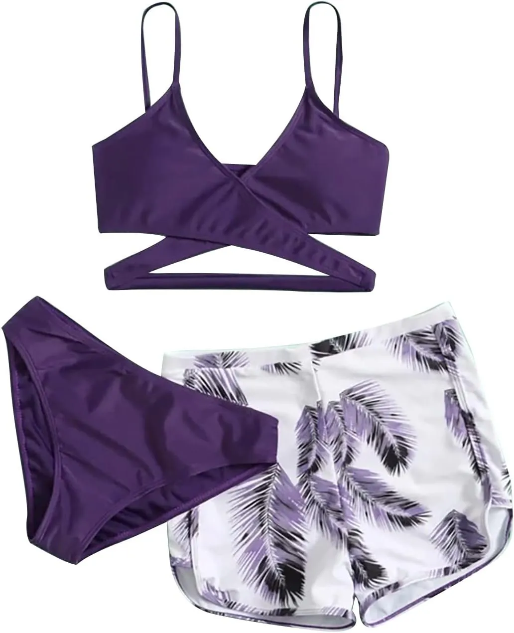 Leaf 3 Piece Bikini Sets with Swimming Shorts Criss Cross Spaghetti Strap Swimsuits High Waist Cut Out Swimwear