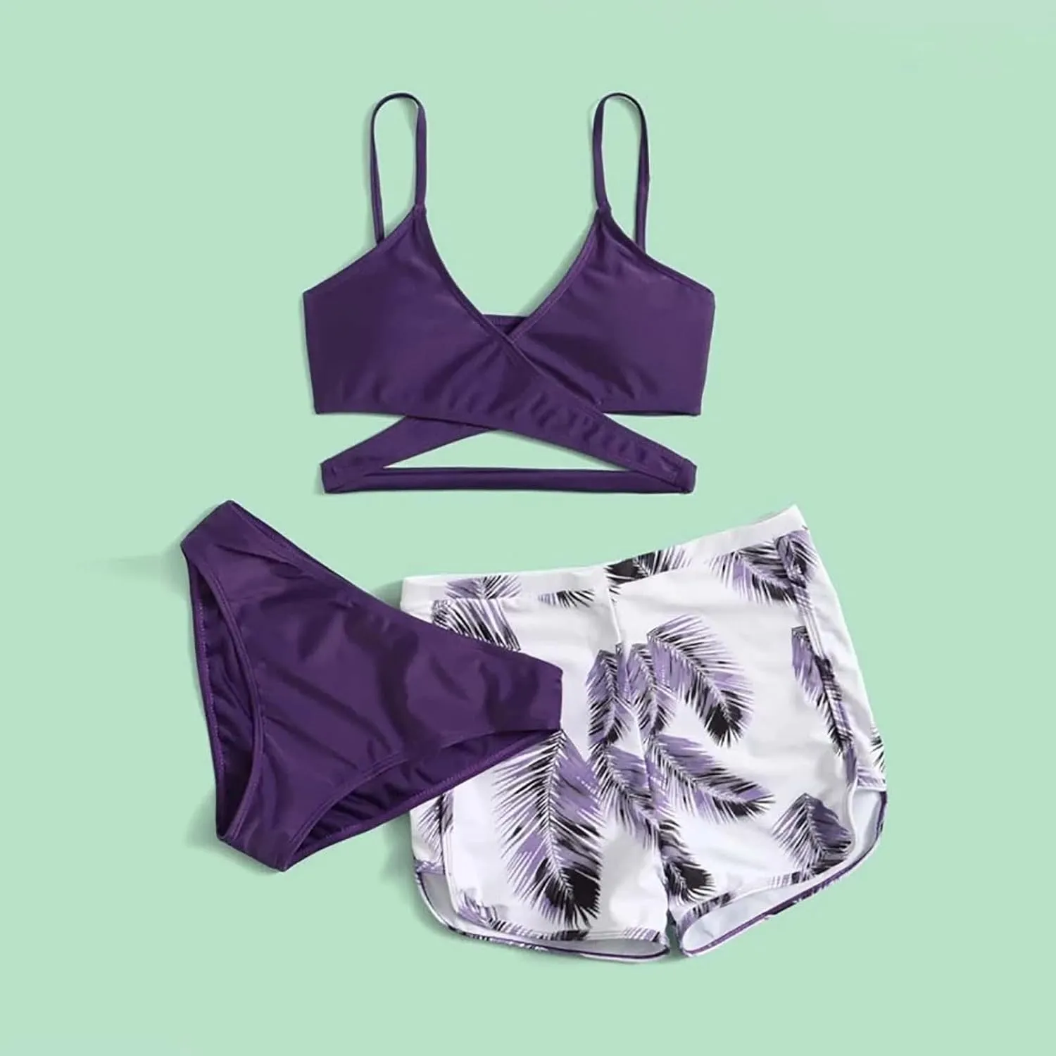 Leaf 3 Piece Bikini Sets with Swimming Shorts Criss Cross Spaghetti Strap Swimsuits High Waist Cut Out Swimwear
