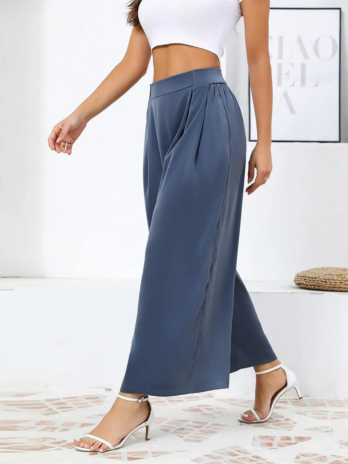 Les umes Women Wide Leg Pants with Pockets Summer Palazzo Pants Tie Knot Casual High Waist Flowy Pants