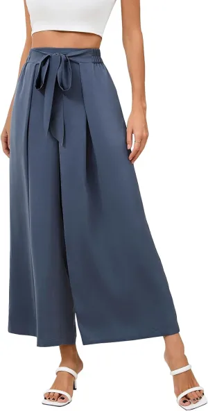Les umes Women Wide Leg Pants with Pockets Summer Palazzo Pants Tie Knot Casual High Waist Flowy Pants
