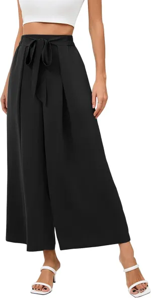 Les umes Women Wide Leg Pants with Pockets Summer Palazzo Pants Tie Knot Casual High Waist Flowy Pants