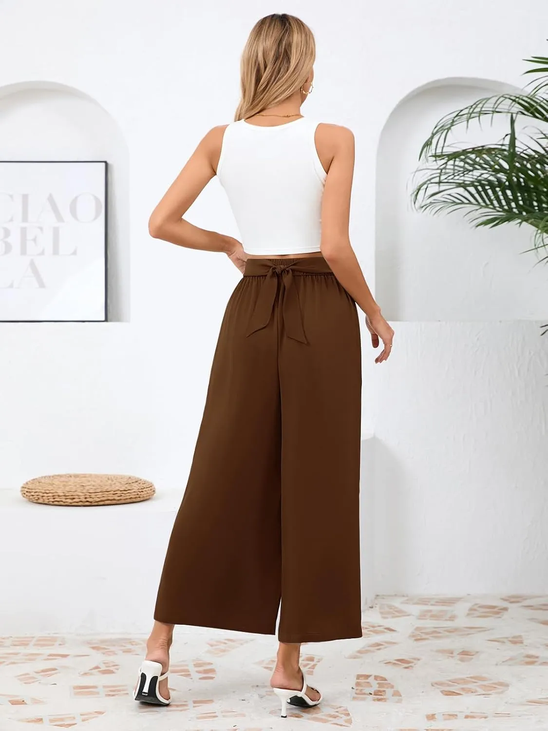 Les umes Women Wide Leg Pants with Pockets Summer Palazzo Pants Tie Knot Casual High Waist Flowy Pants