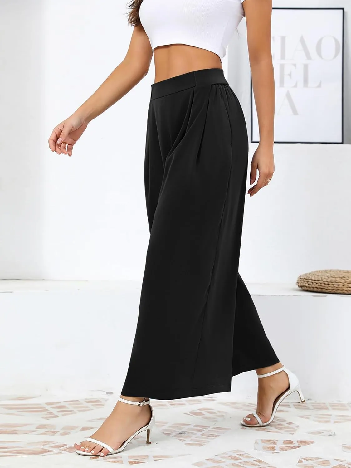 Les umes Women Wide Leg Pants with Pockets Summer Palazzo Pants Tie Knot Casual High Waist Flowy Pants