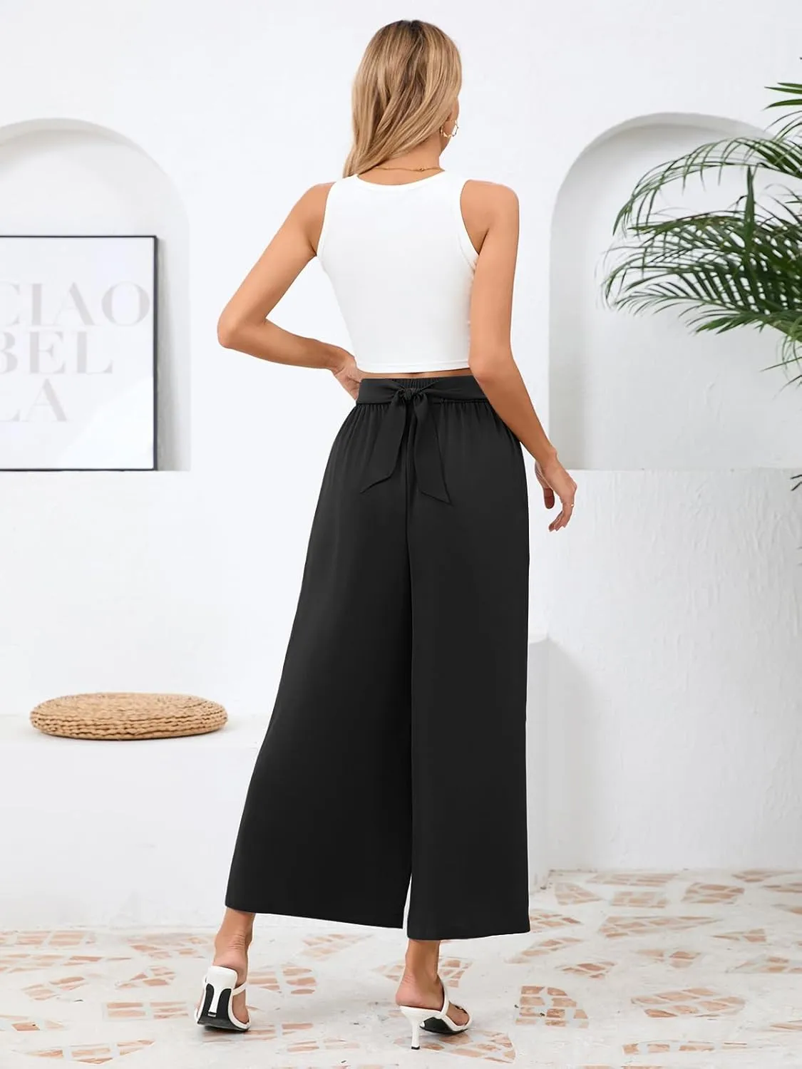Les umes Women Wide Leg Pants with Pockets Summer Palazzo Pants Tie Knot Casual High Waist Flowy Pants