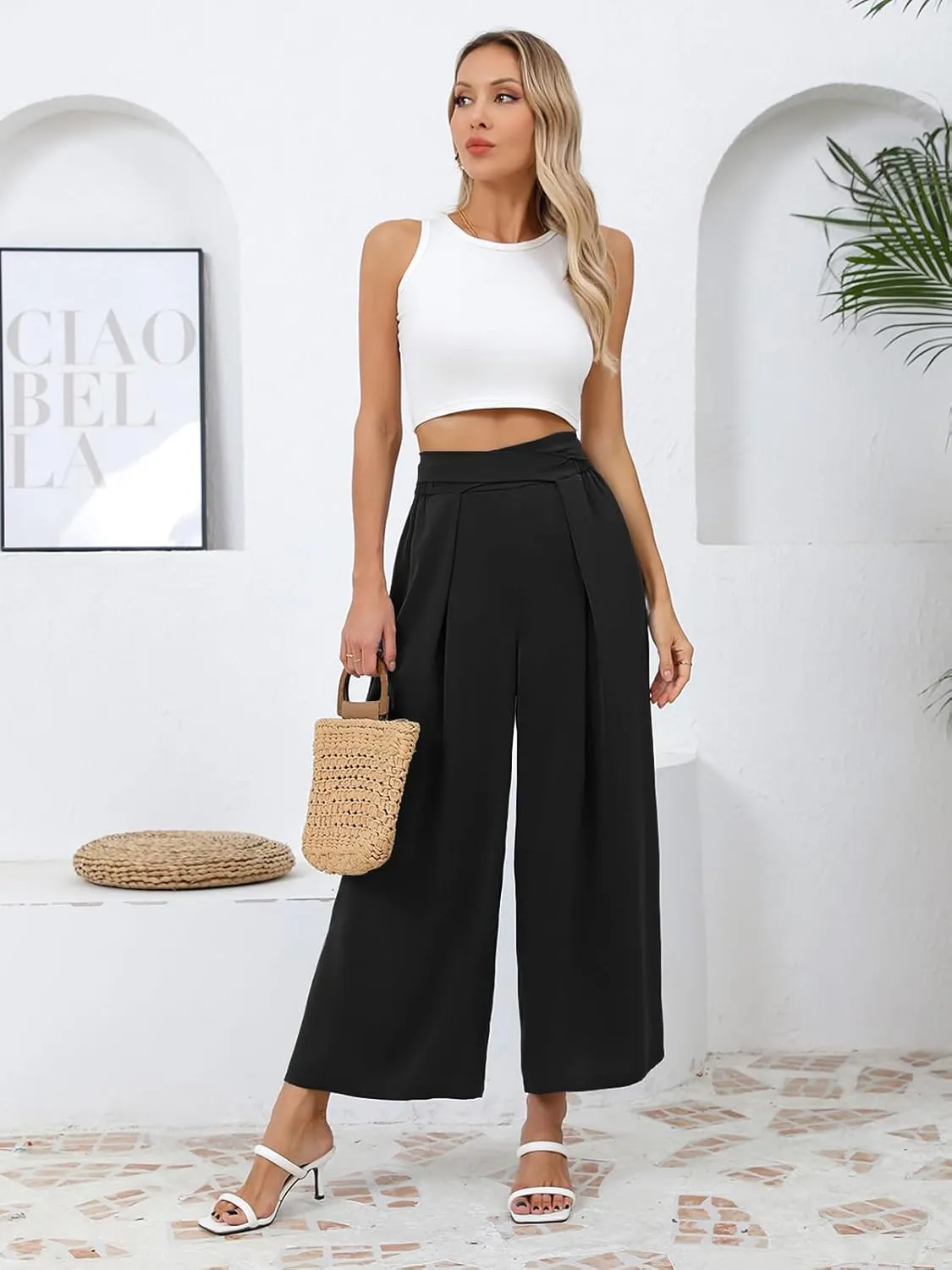 Les umes Women Wide Leg Pants with Pockets Summer Palazzo Pants Tie Knot Casual High Waist Flowy Pants