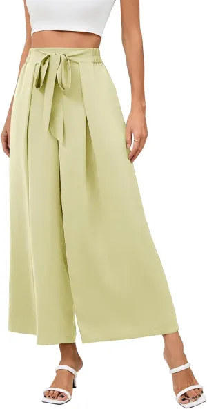 Les umes Women Wide Leg Pants with Pockets Summer Palazzo Pants Tie Knot Casual High Waist Flowy Pants