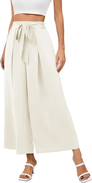 Les umes Women Wide Leg Pants with Pockets Summer Palazzo Pants Tie Knot Casual High Waist Flowy Pants