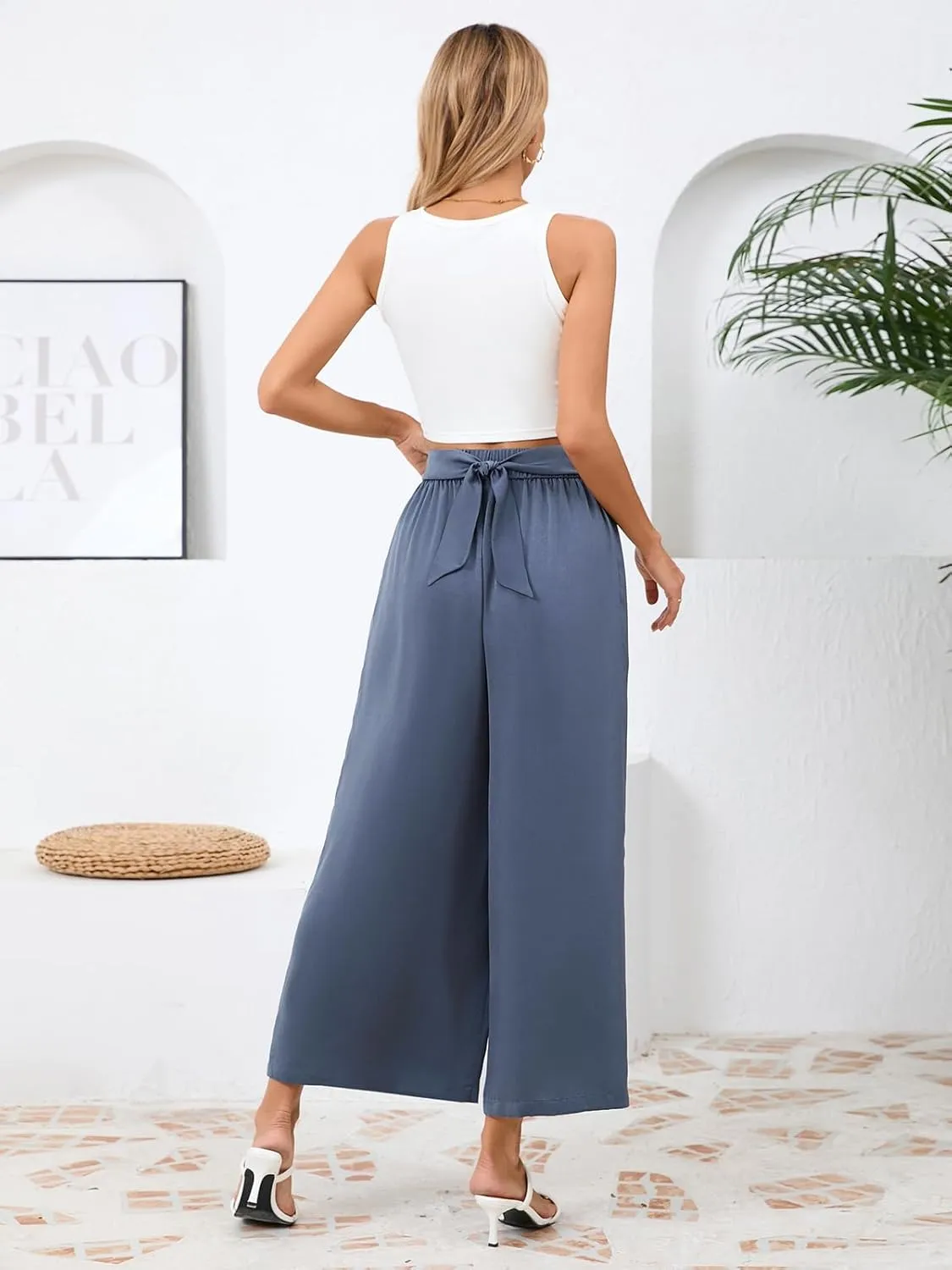 Les umes Women Wide Leg Pants with Pockets Summer Palazzo Pants Tie Knot Casual High Waist Flowy Pants