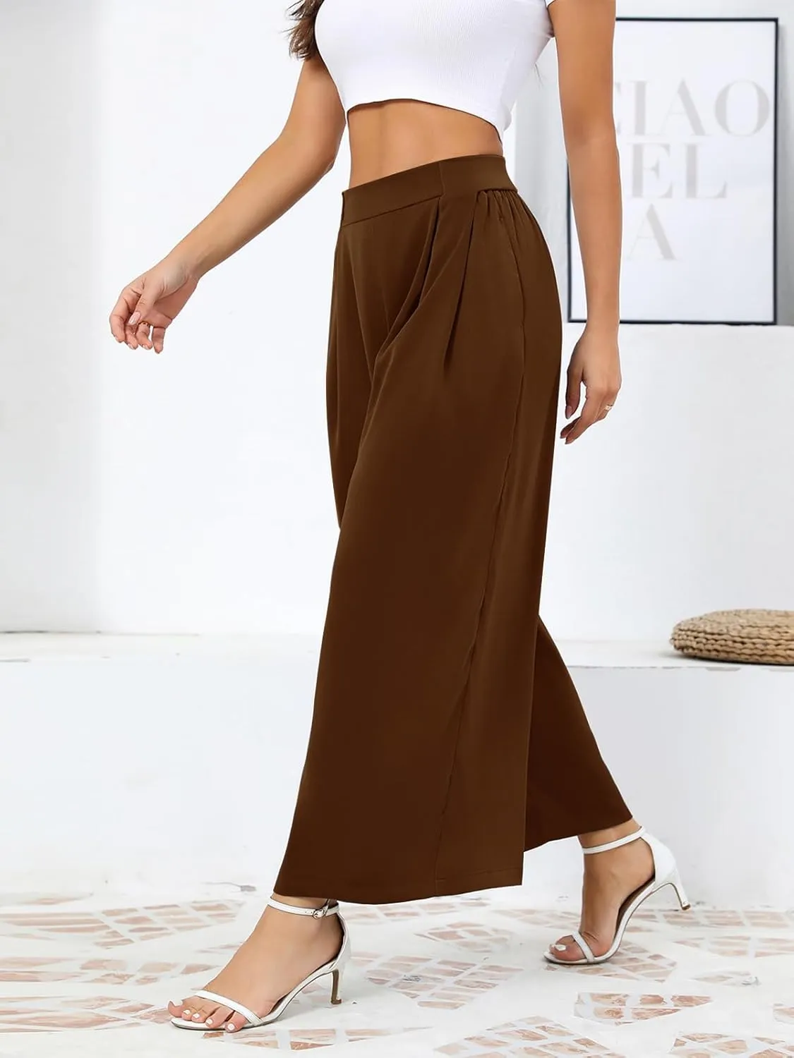 Les umes Women Wide Leg Pants with Pockets Summer Palazzo Pants Tie Knot Casual High Waist Flowy Pants