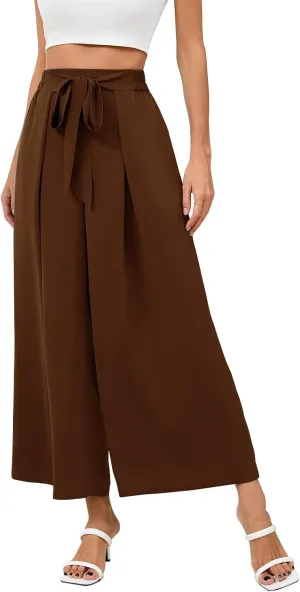 Les umes Women Wide Leg Pants with Pockets Summer Palazzo Pants Tie Knot Casual High Waist Flowy Pants