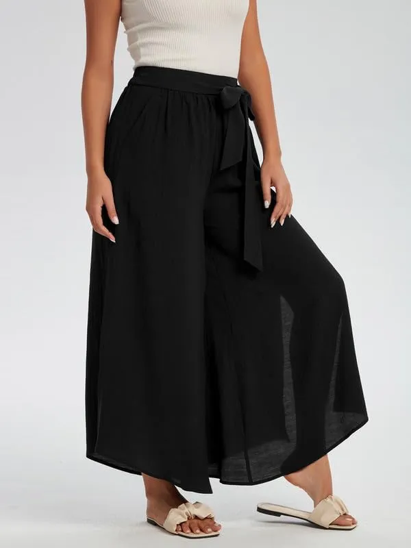 Les umes Womens Wide Leg Pants High Waist Side Split Flowy Palazzo Pants Belted Loose Beach Casual Crop Trousers with Pockets