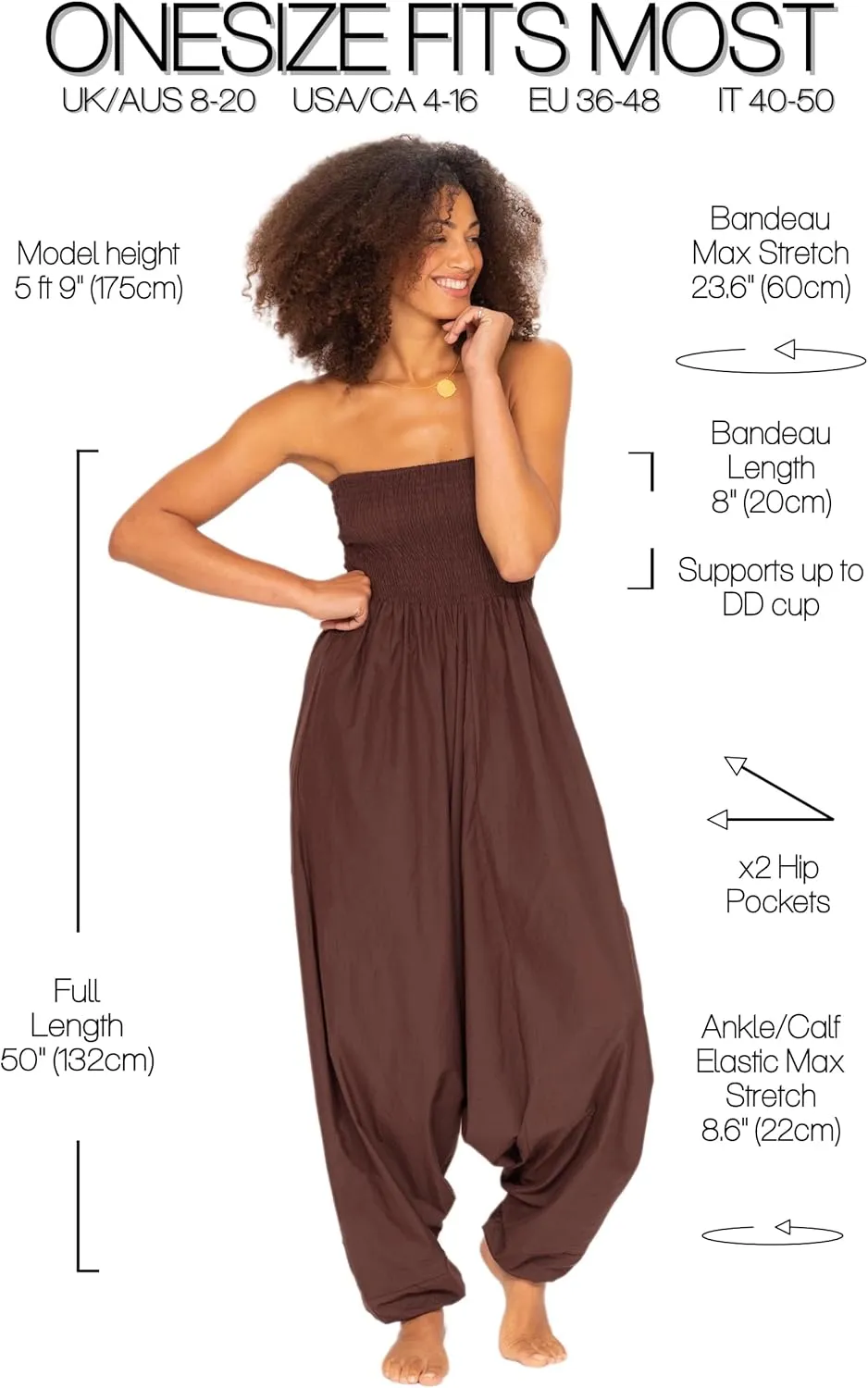 likemary Harem Pants Women Jumpsuits – Maxi Romper Pulls Down into Cotton Boho Pants with Pockets – One Size 2-in-1 Outfit