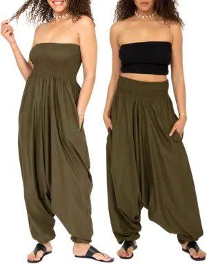 likemary Harem Pants Women Jumpsuits – Maxi Romper Pulls Down into Cotton Boho Pants with Pockets – One Size 2-in-1 Outfit