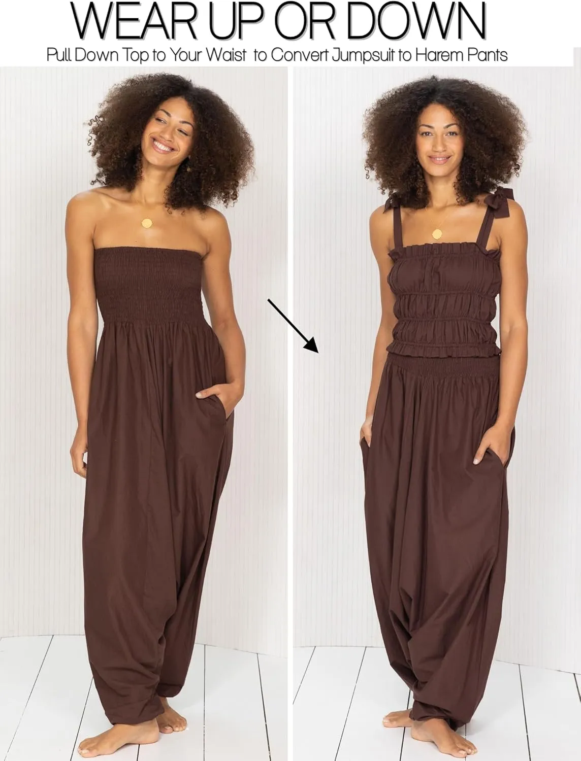 likemary Harem Pants Women Jumpsuits – Maxi Romper Pulls Down into Cotton Boho Pants with Pockets – One Size 2-in-1 Outfit