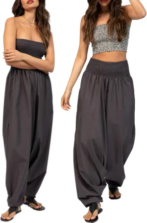 likemary Harem Pants Women Jumpsuits – Maxi Romper Pulls Down into Cotton Boho Pants with Pockets – One Size 2-in-1 Outfit