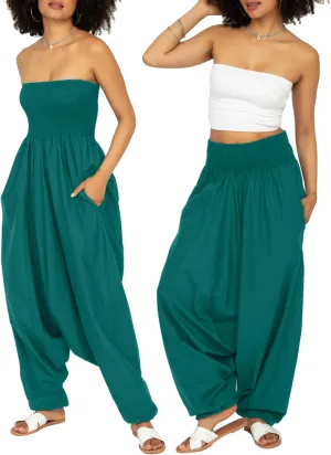 likemary Harem Pants Women Jumpsuits – Maxi Romper Pulls Down into Cotton Boho Pants with Pockets – One Size 2-in-1 Outfit