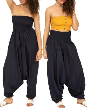 likemary Harem Pants Women Jumpsuits – Maxi Romper Pulls Down into Cotton Boho Pants with Pockets – One Size 2-in-1 Outfit