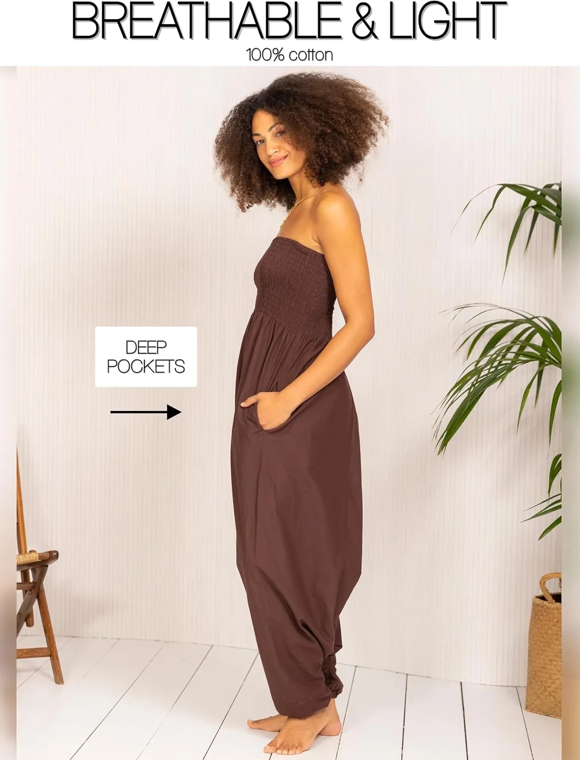 likemary Harem Pants Women Jumpsuits – Maxi Romper Pulls Down into Cotton Boho Pants with Pockets – One Size 2-in-1 Outfit