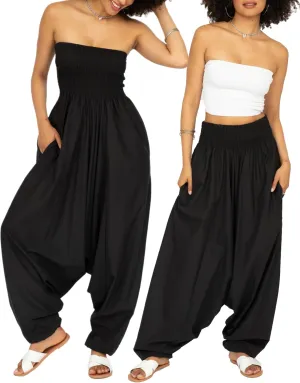 likemary Harem Pants Women Jumpsuits – Maxi Romper Pulls Down into Cotton Boho Pants with Pockets – One Size 2-in-1 Outfit