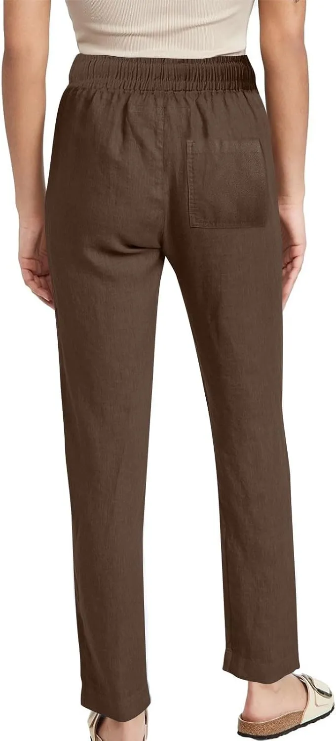 Linen Pants for Women Summer 2025 Drawstring Elastic Waist Pants High Waisted Wide Leg Pants Trousers with Pockets