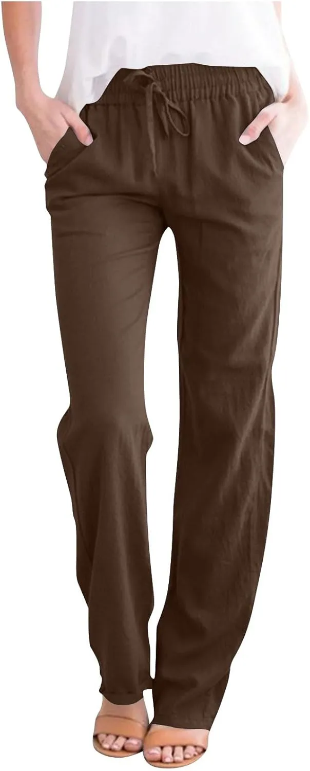 Linen Pants for Women Summer 2025 Drawstring Elastic Waist Pants High Waisted Wide Leg Pants Trousers with Pockets
