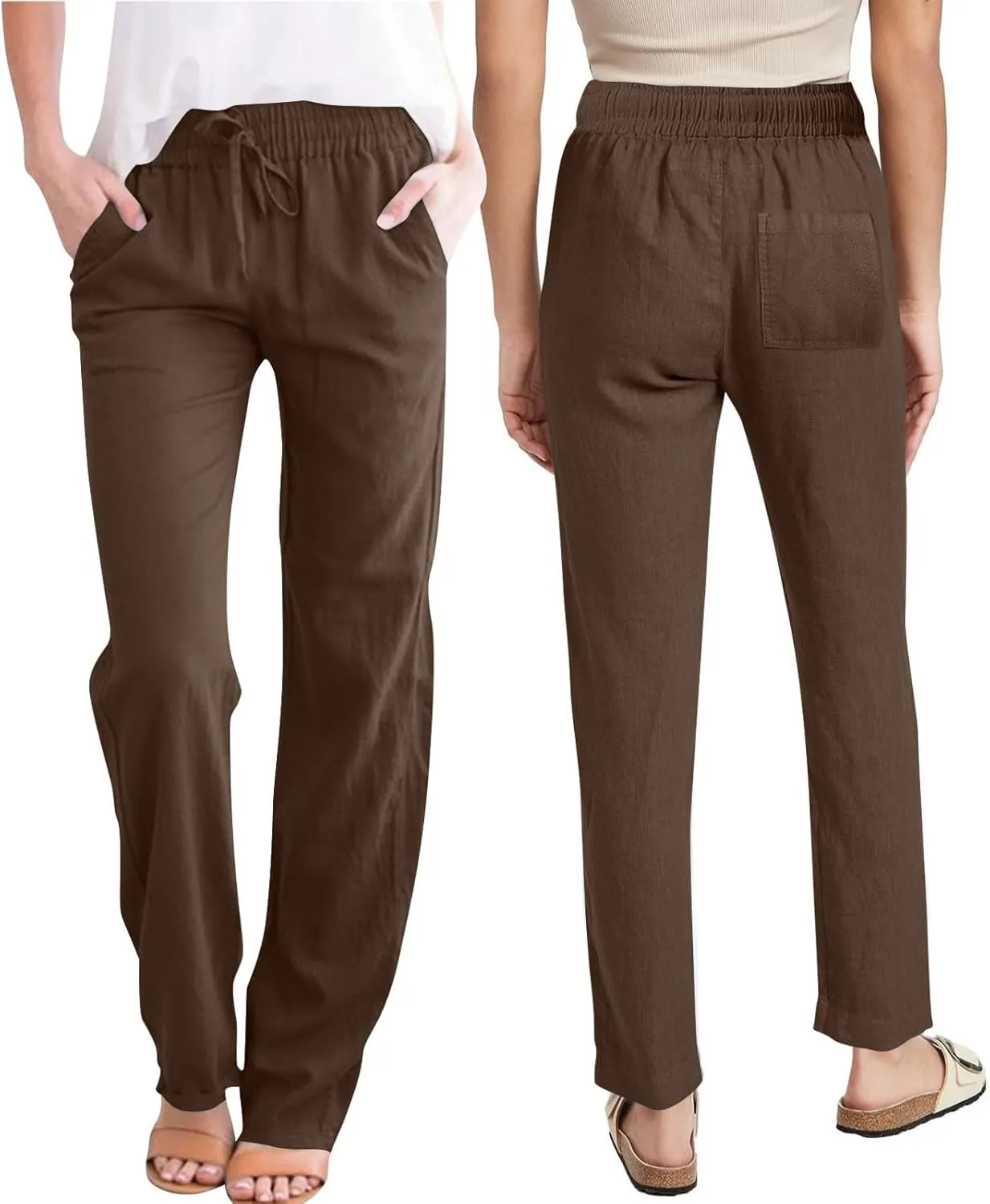 Linen Pants for Women Summer 2025 Drawstring Elastic Waist Pants High Waisted Wide Leg Pants Trousers with Pockets