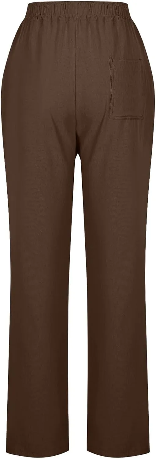 Linen Pants for Women Summer 2025 Drawstring Elastic Waist Pants High Waisted Wide Leg Pants Trousers with Pockets
