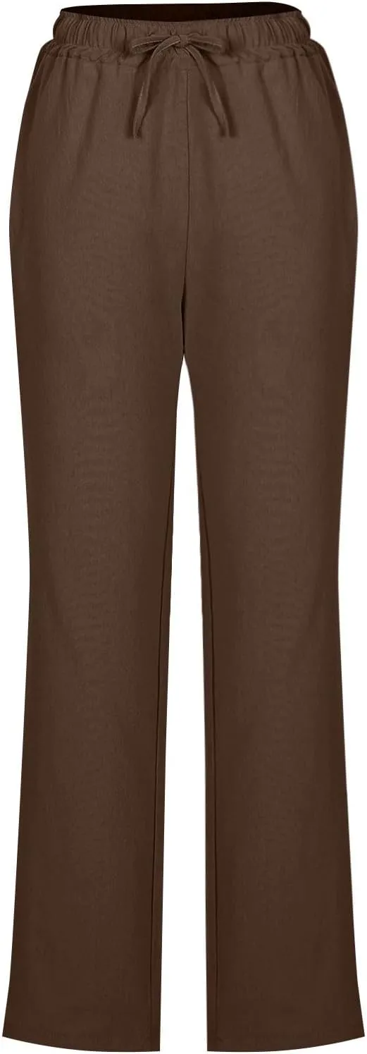 Linen Pants for Women Summer 2025 Drawstring Elastic Waist Pants High Waisted Wide Leg Pants Trousers with Pockets