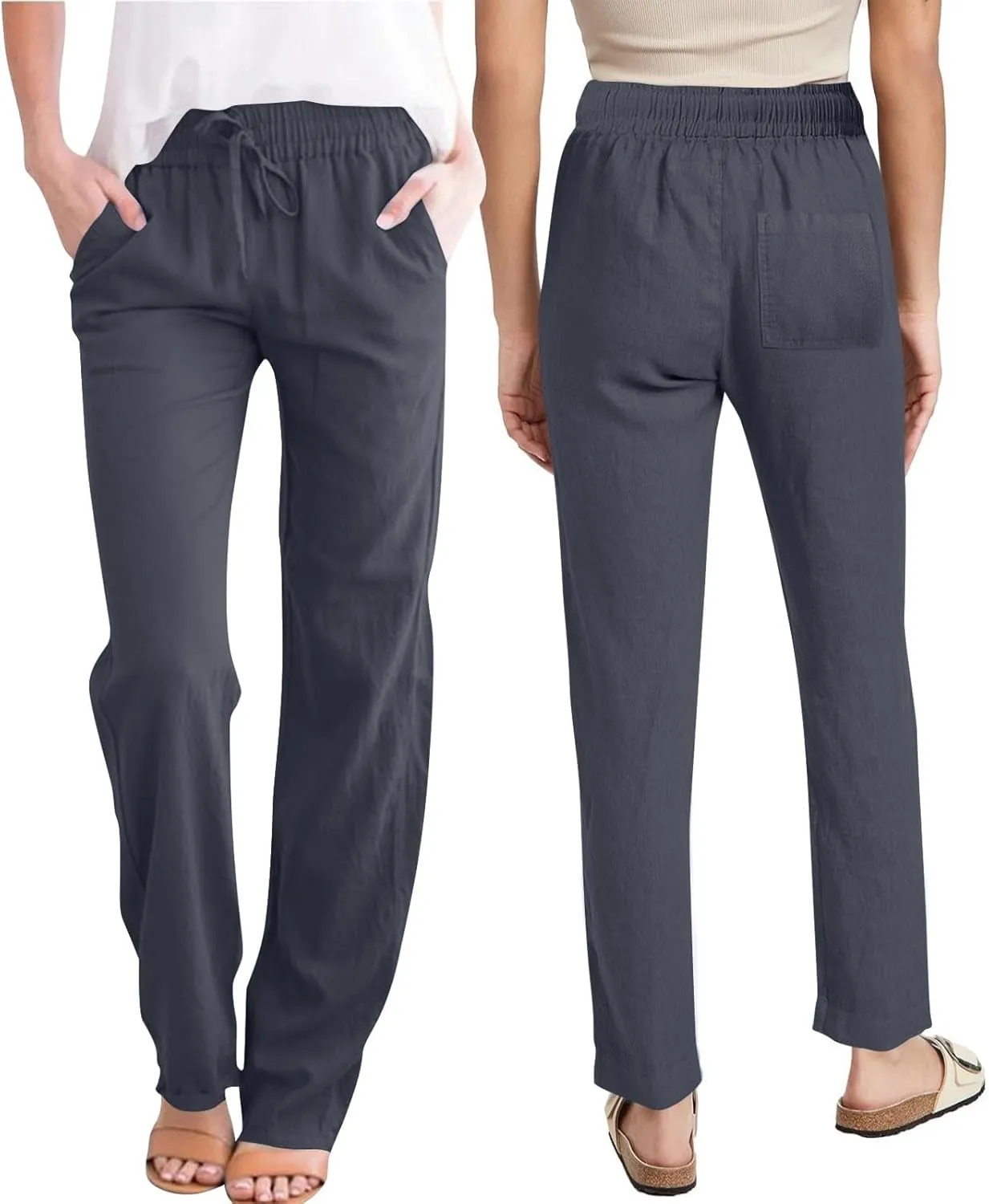 Linen Pants for Women Summer 2025 Drawstring Elastic Waist Pants High Waisted Wide Leg Pants Trousers with Pockets