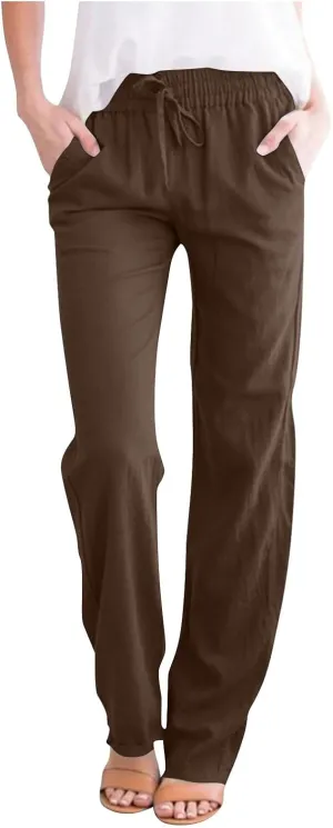 Linen Pants for Women Summer 2025 Drawstring Elastic Waist Pants High Waisted Wide Leg Pants Trousers with Pockets