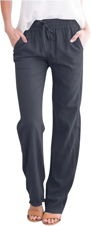 Linen Pants for Women Summer 2025 Drawstring Elastic Waist Pants High Waisted Wide Leg Pants Trousers with Pockets