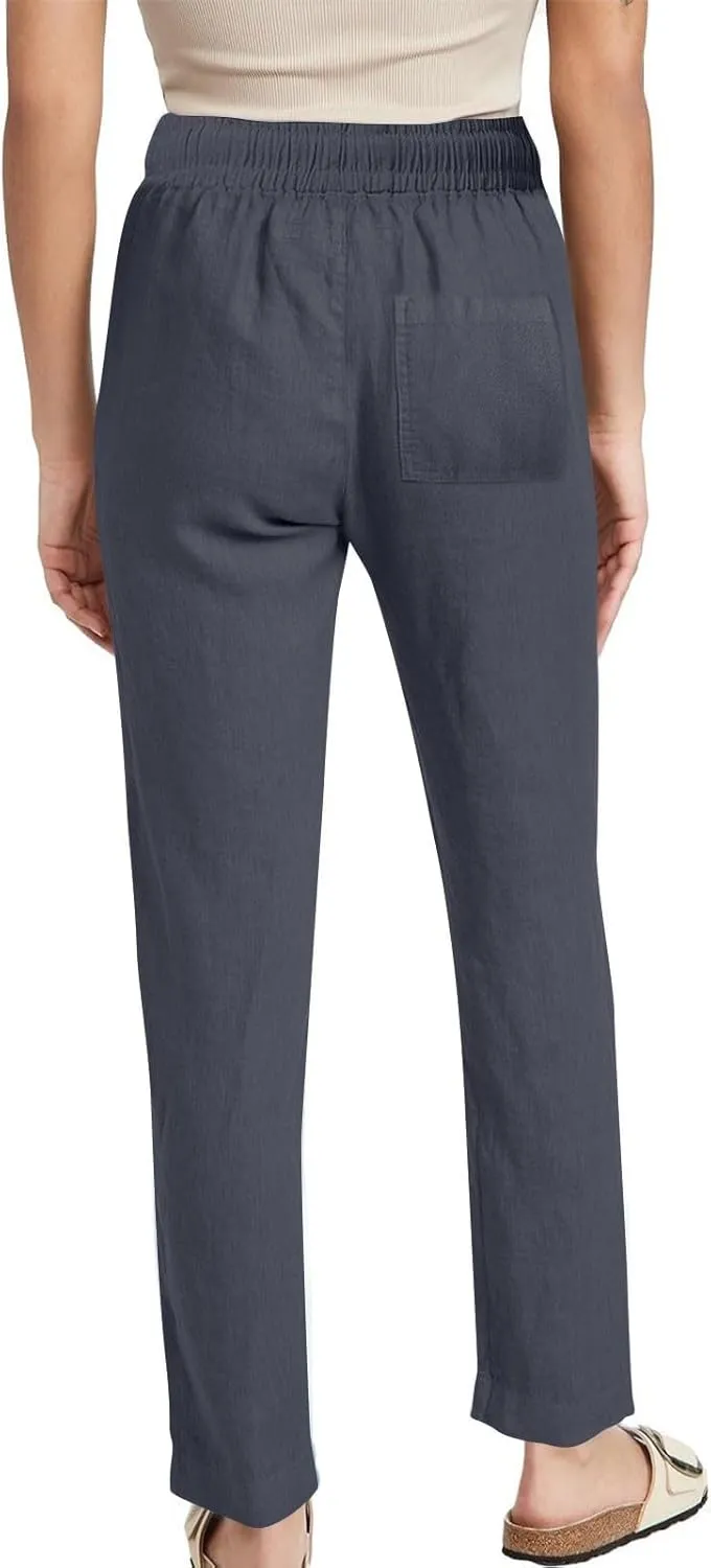 Linen Pants for Women Summer 2025 Drawstring Elastic Waist Pants High Waisted Wide Leg Pants Trousers with Pockets