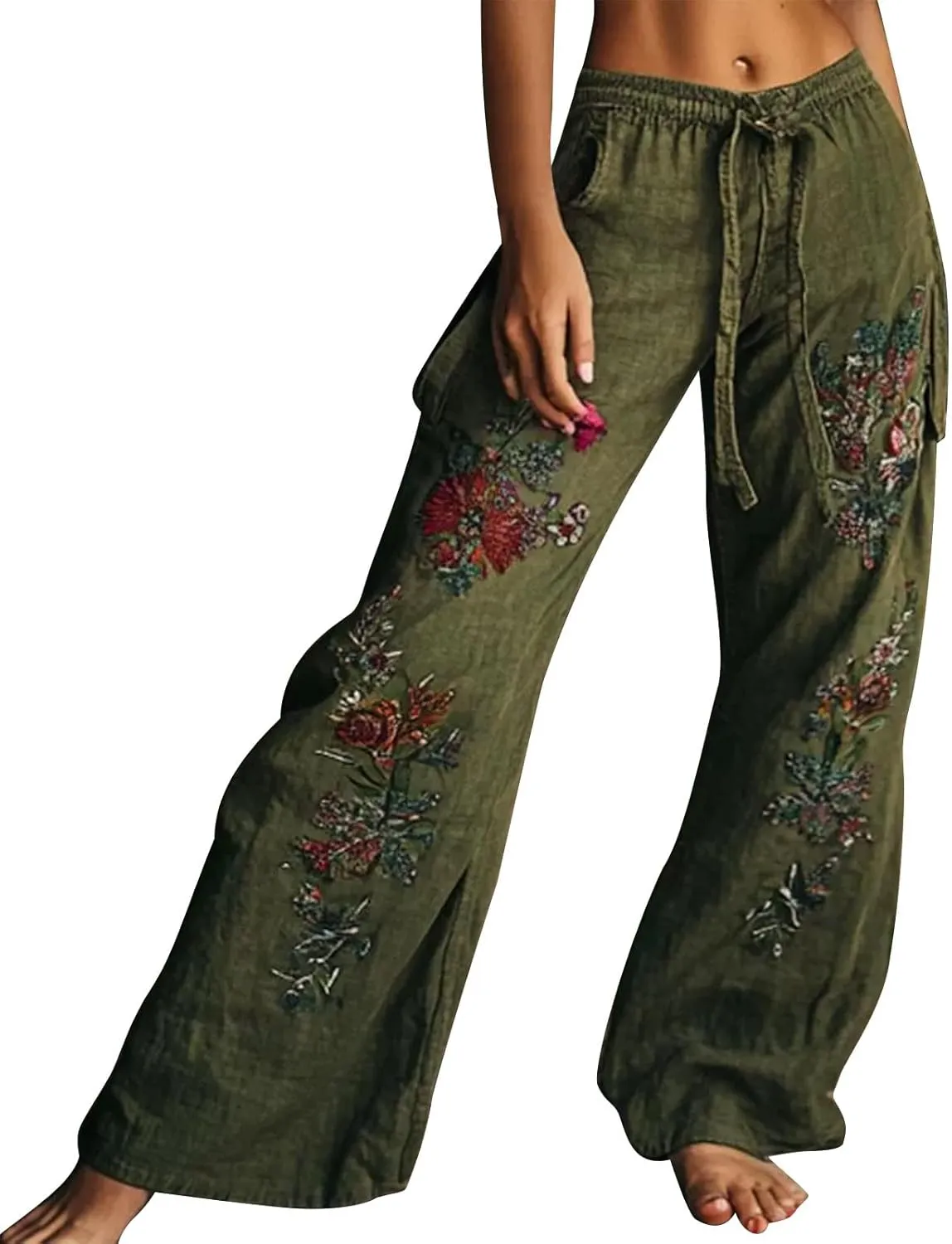 Linen Pants for Women with Pockets Summer Plus Size Art Print Casual Pants Drawstring Expandable Waist Trousers