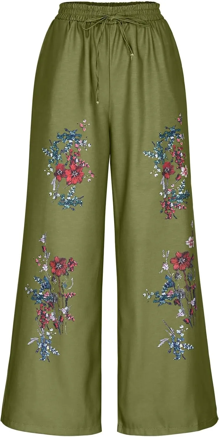 Linen Pants for Women with Pockets Summer Plus Size Art Print Casual Pants Drawstring Expandable Waist Trousers