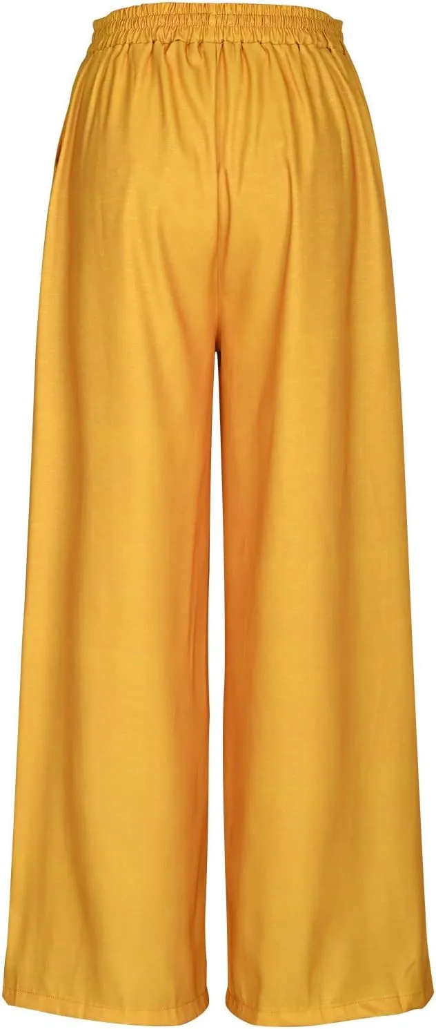 Linen Pants for Women with Pockets Summer Plus Size Art Print Casual Pants Drawstring Expandable Waist Trousers
