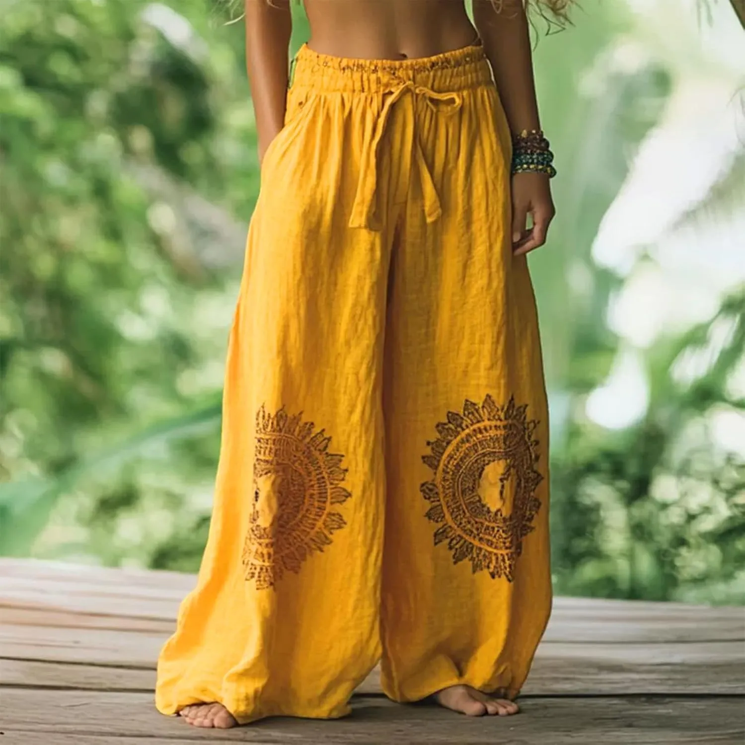 Linen Pants for Women with Pockets Summer Plus Size Art Print Casual Pants Drawstring Expandable Waist Trousers