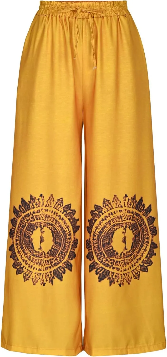 Linen Pants for Women with Pockets Summer Plus Size Art Print Casual Pants Drawstring Expandable Waist Trousers