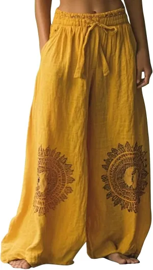 Linen Pants for Women with Pockets Summer Plus Size Art Print Casual Pants Drawstring Expandable Waist Trousers
