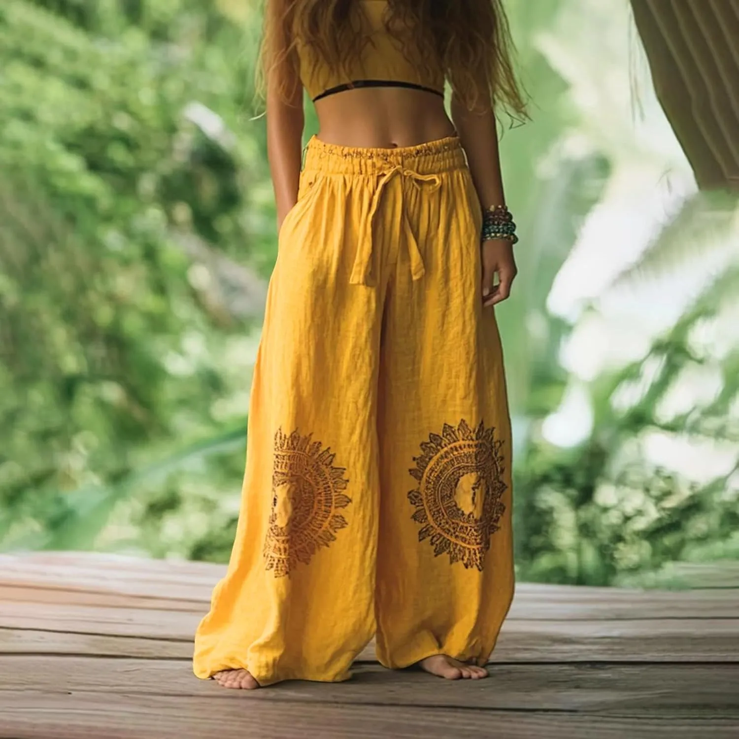 Linen Pants for Women with Pockets Summer Plus Size Art Print Casual Pants Drawstring Expandable Waist Trousers
