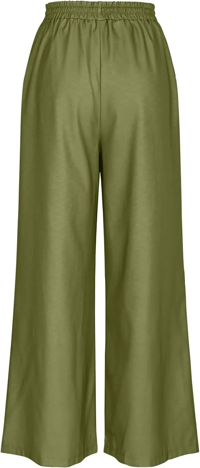 Linen Pants for Women with Pockets Summer Plus Size Art Print Casual Pants Drawstring Expandable Waist Trousers