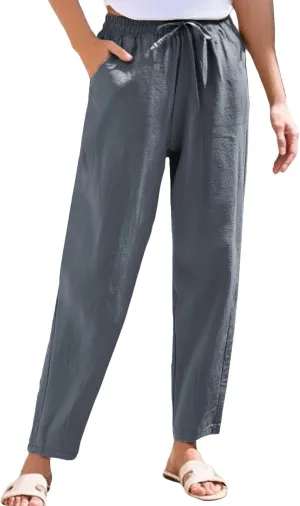Linen Pants Women Casual Wide Leg Elastic Drawstring Pants Women Lounge Comfy Summer Beach Trousers with Pockets