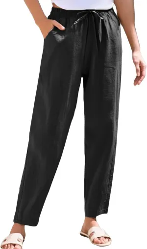 Linen Pants Women Casual Wide Leg Elastic Drawstring Pants Women Lounge Comfy Summer Beach Trousers with Pockets