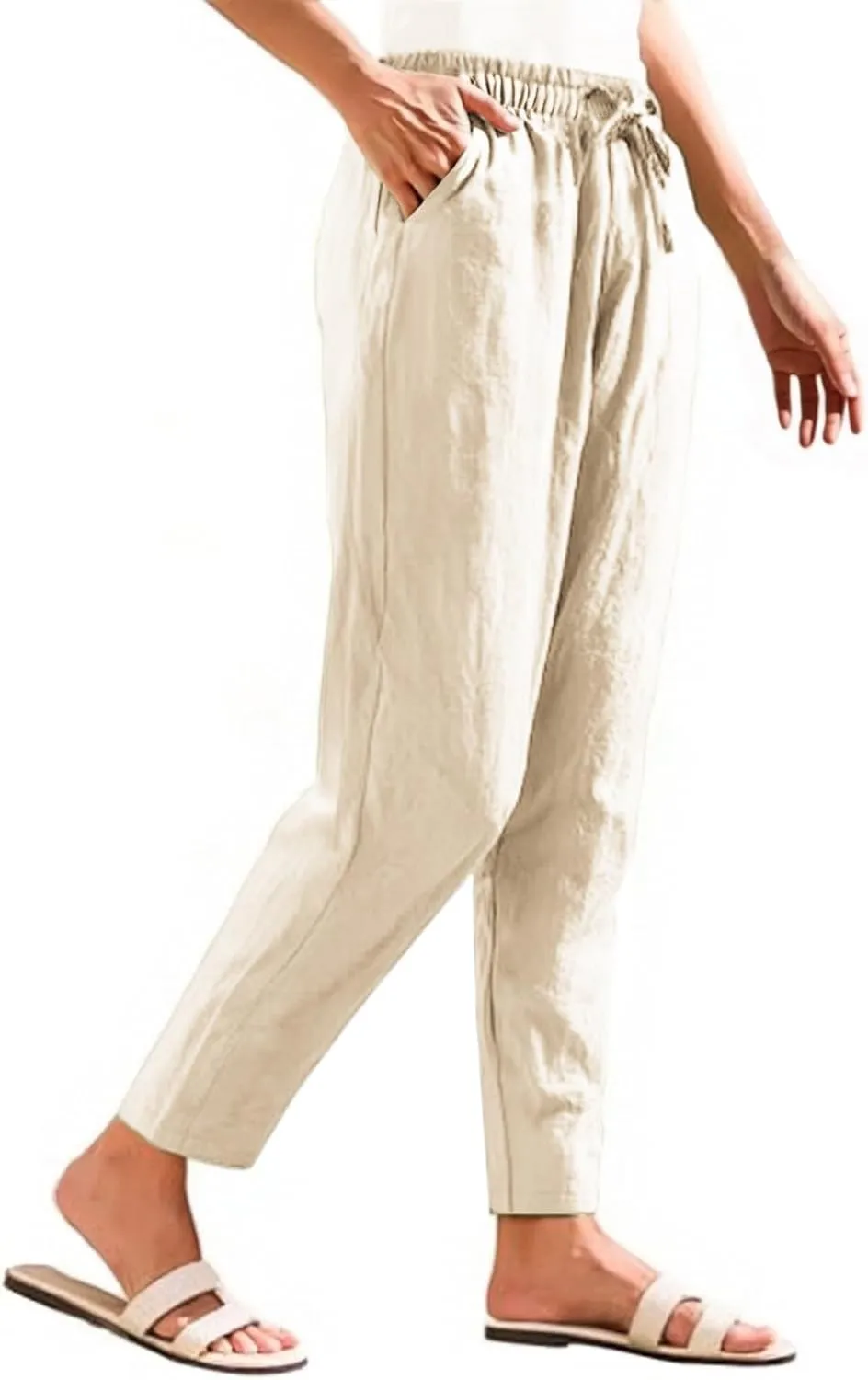 Linen Pants Women Casual Wide Leg Elastic Drawstring Pants Women Lounge Comfy Summer Beach Trousers with Pockets