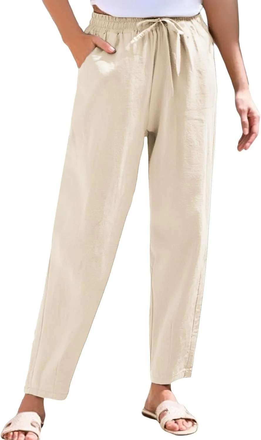 Linen Pants Women Casual Wide Leg Elastic Drawstring Pants Women Lounge Comfy Summer Beach Trousers with Pockets